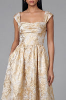 Laden Sie das Bild in den Galerie-Viewer, Schwarzes A-Linie Quadrathals Jacquard Blumen Midi-Kleid