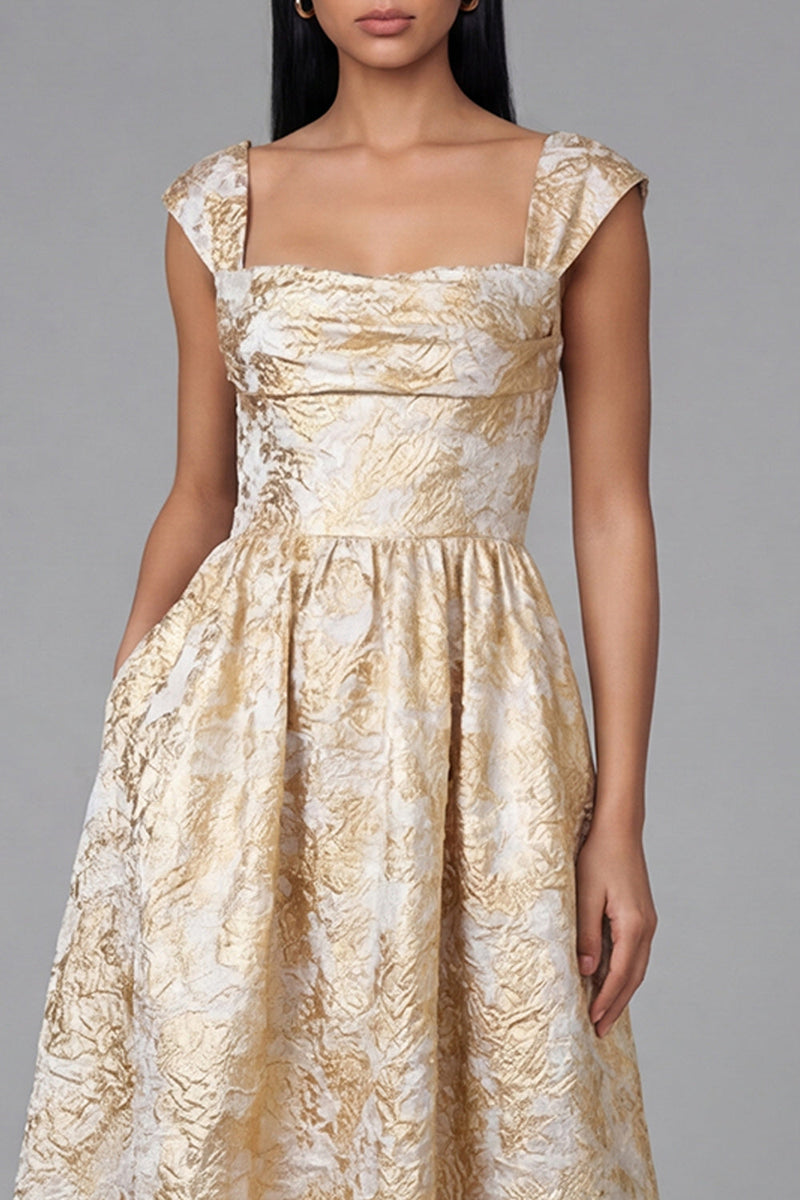 Laden Sie das Bild in den Galerie-Viewer, Schwarzes A-Linie Quadrathals Jacquard Blumen Midi-Kleid