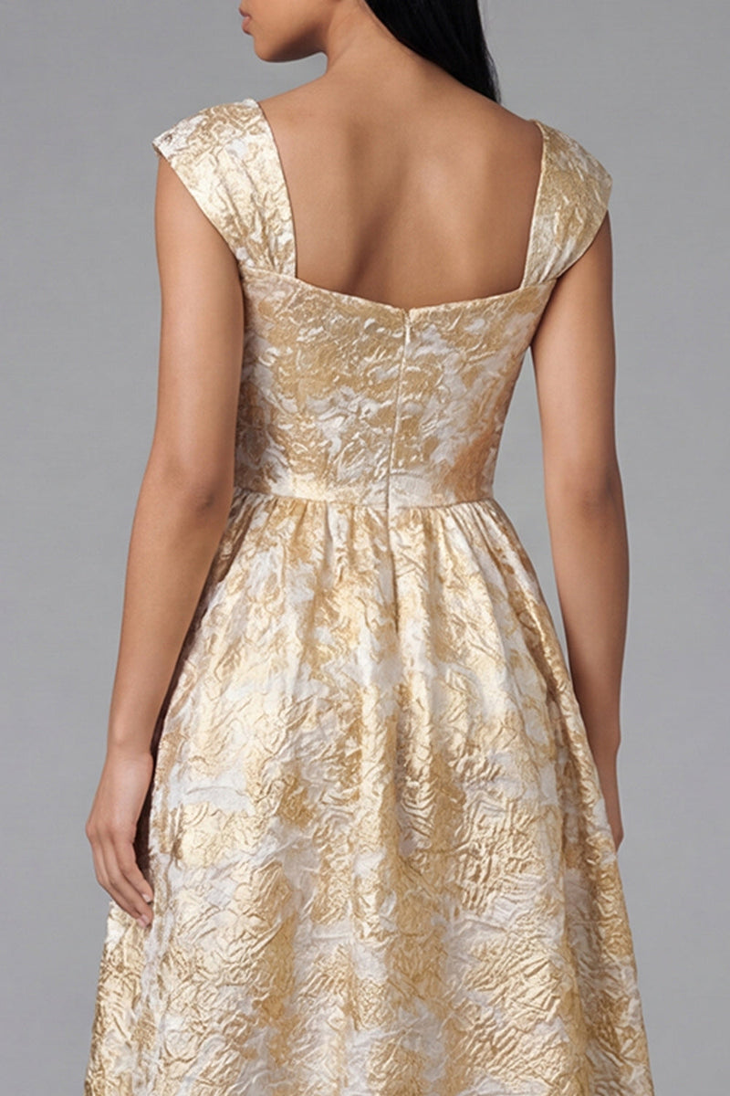Laden Sie das Bild in den Galerie-Viewer, Schwarzes A-Linie Quadrathals Jacquard Blumen Midi-Kleid