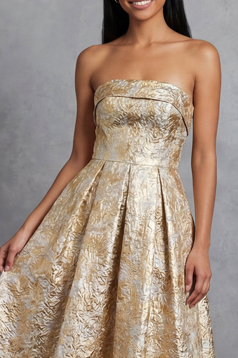 Laden Sie das Bild in den Galerie-Viewer, Schwarzes A-Linie Trägerloses Gerafftes Jacquard Blumen Midi-Kleid