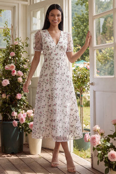 Weißes Rosa Blühendes A-Linie Tüll V-Ausschnitt Midi-Kleid mit kurzen Ärmeln