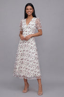 Laden Sie das Bild in den Galerie-Viewer, Weißes Rosa Blühendes A-Linie Tüll V-Ausschnitt Midi-Kleid mit kurzen Ärmeln