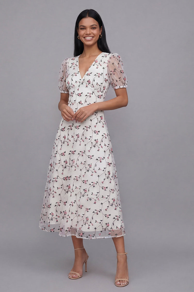 Laden Sie das Bild in den Galerie-Viewer, Weißes Rosa Blühendes A-Linie Tüll V-Ausschnitt Midi-Kleid mit kurzen Ärmeln