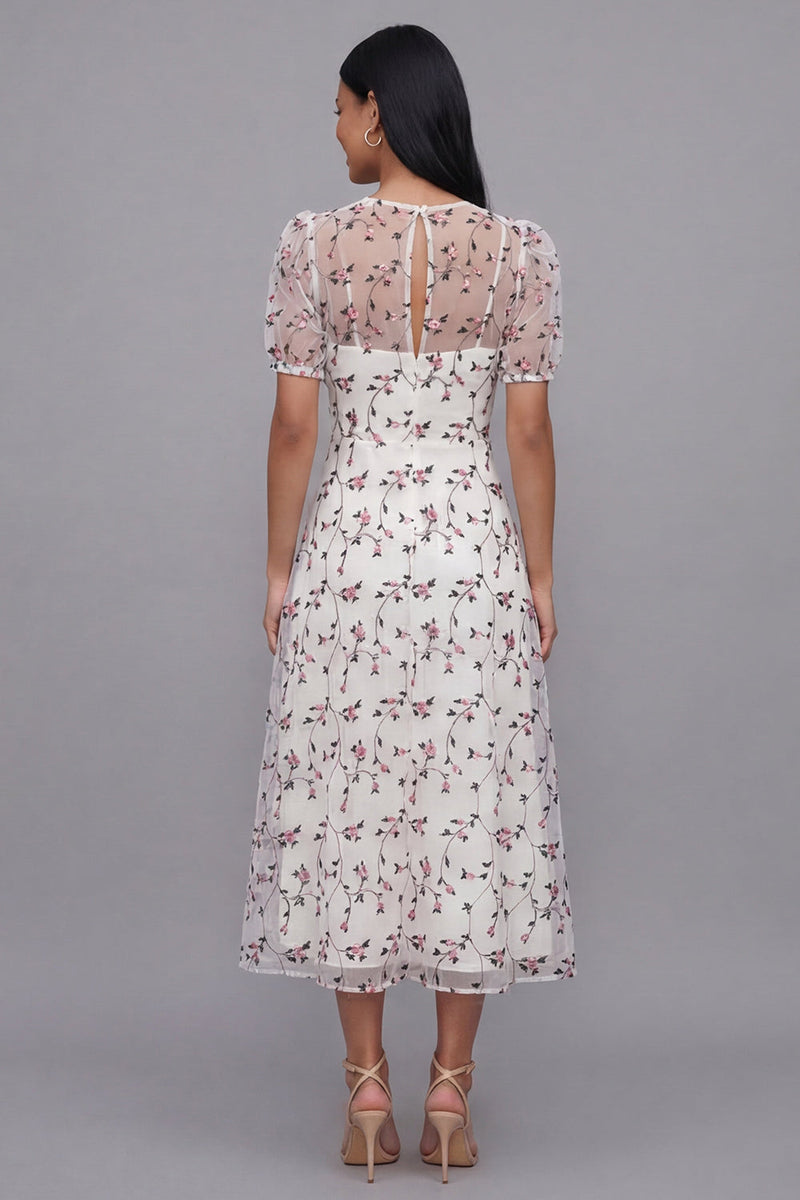 Laden Sie das Bild in den Galerie-Viewer, Weißes Rosa Blühendes A-Linie Tüll V-Ausschnitt Midi-Kleid mit kurzen Ärmeln
