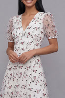 Laden Sie das Bild in den Galerie-Viewer, Weißes Rosa Blühendes A-Linie Tüll V-Ausschnitt Midi-Kleid mit kurzen Ärmeln