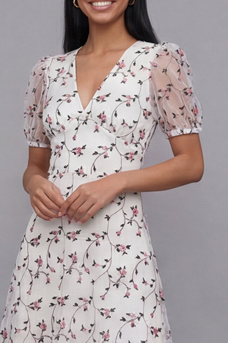 Laden Sie das Bild in den Galerie-Viewer, Weißes Rosa Blühendes A-Linie Tüll V-Ausschnitt Midi-Kleid mit kurzen Ärmeln