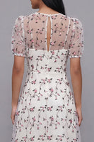 Laden Sie das Bild in den Galerie-Viewer, Weißes Rosa Blühendes A-Linie Tüll V-Ausschnitt Midi-Kleid mit kurzen Ärmeln