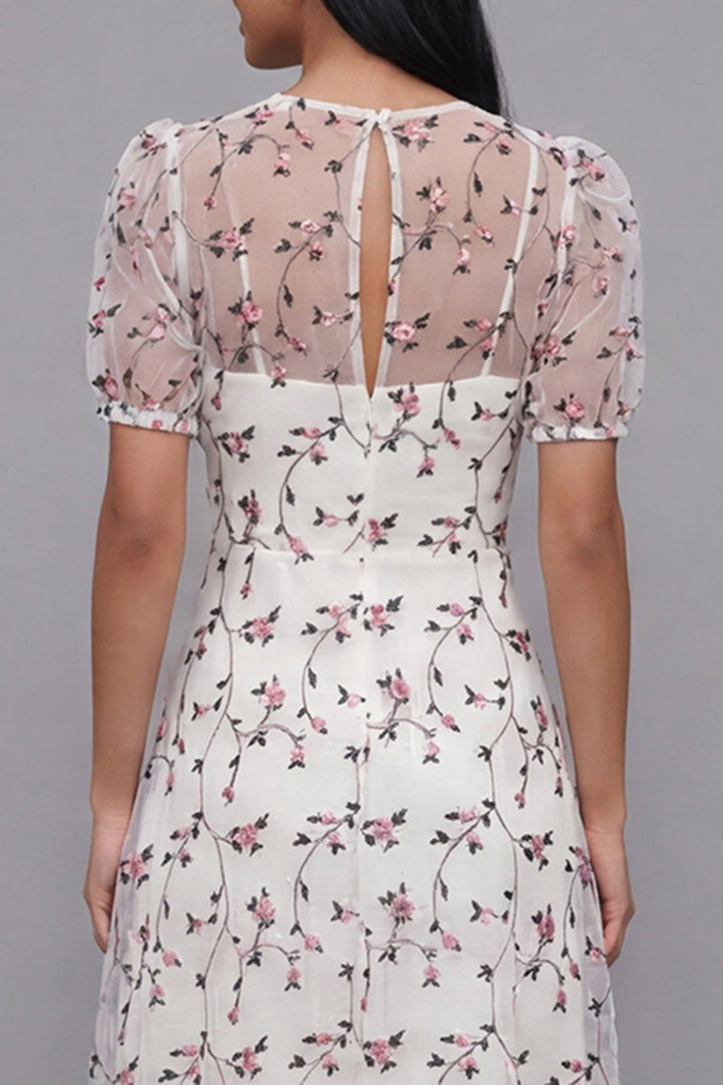 Laden Sie das Bild in den Galerie-Viewer, Weißes Rosa Blühendes A-Linie Tüll V-Ausschnitt Midi-Kleid mit kurzen Ärmeln
