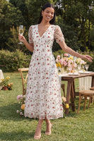 Laden Sie das Bild in den Galerie-Viewer, Weißes Rosa Blühendes A-Linie Tüll V-Ausschnitt Midi-Kleid mit kurzen Ärmeln