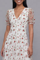 Laden Sie das Bild in den Galerie-Viewer, Weißes Rosa Blühendes A-Linie Tüll V-Ausschnitt Midi-Kleid mit kurzen Ärmeln