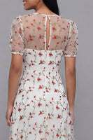 Laden Sie das Bild in den Galerie-Viewer, Weißes Rosa Blühendes A-Linie Tüll V-Ausschnitt Midi-Kleid mit kurzen Ärmeln