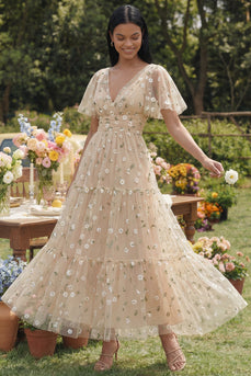 Champagner V-Ausschnitt Besticktes A-Linie Tüll Blumenkleid mit Flatterärmeln