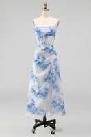 Laden Sie das Bild in den Galerie-Viewer, Weiß-blau-Blumen Chiffon Korsett Gerafftes Scheide Midi-Kleid mit Schlitz