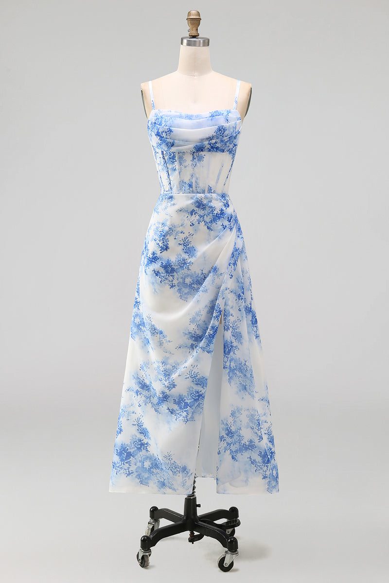 Laden Sie das Bild in den Galerie-Viewer, Weiß-blau-Blumen Chiffon Korsett Gerafftes Scheide Midi-Kleid mit Schlitz