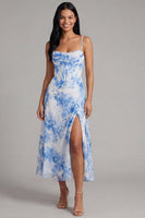 Laden Sie das Bild in den Galerie-Viewer, Weiß-blau-Blumen Chiffon Korsett Gerafftes Scheide Midi-Kleid mit Schlitz