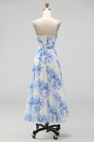 Laden Sie das Bild in den Galerie-Viewer, Weiß-blau-Blumen Chiffon Korsett Gerafftes Scheide Midi-Kleid mit Schlitz