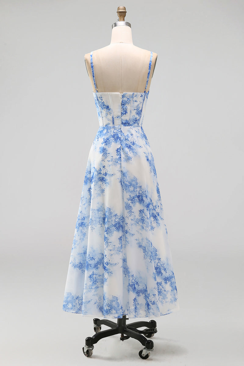 Laden Sie das Bild in den Galerie-Viewer, Weiß-blau-Blumen Chiffon Korsett Gerafftes Scheide Midi-Kleid mit Schlitz