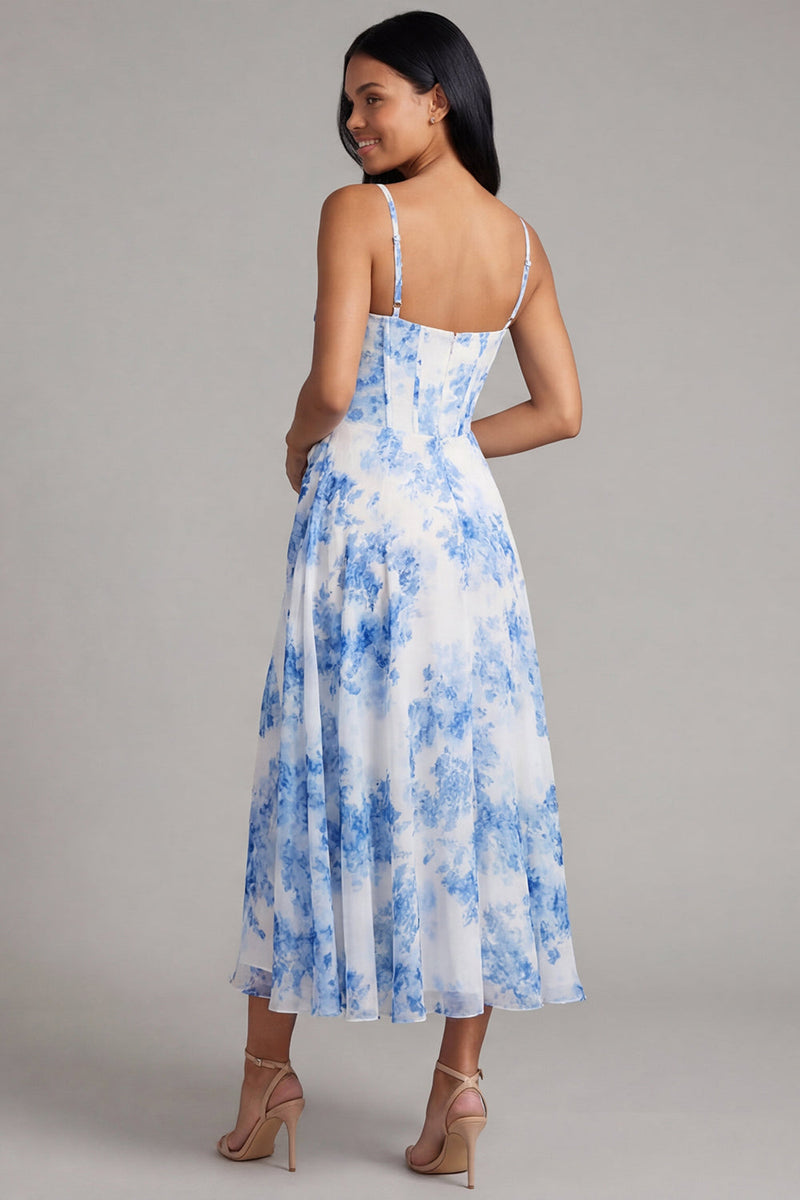 Laden Sie das Bild in den Galerie-Viewer, Weiß-blau-Blumen Chiffon Korsett Gerafftes Scheide Midi-Kleid mit Schlitz