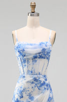 Laden Sie das Bild in den Galerie-Viewer, Weiß-blau-Blumen Chiffon Korsett Gerafftes Scheide Midi-Kleid mit Schlitz
