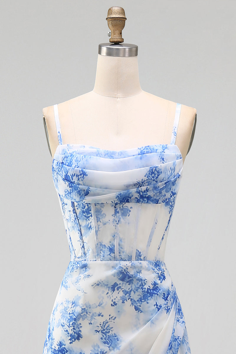 Laden Sie das Bild in den Galerie-Viewer, Weiß-blau-Blumen Chiffon Korsett Gerafftes Scheide Midi-Kleid mit Schlitz