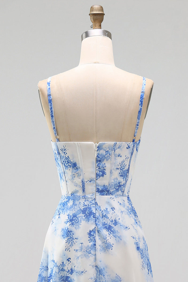 Laden Sie das Bild in den Galerie-Viewer, Weiß-blau-Blumen Chiffon Korsett Gerafftes Scheide Midi-Kleid mit Schlitz