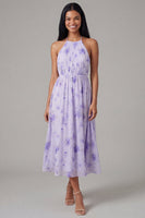 Laden Sie das Bild in den Galerie-Viewer, Flieder Chiffon Neckholder Gerafftes Scheide Blumen Midi-Kleid mit Schleife