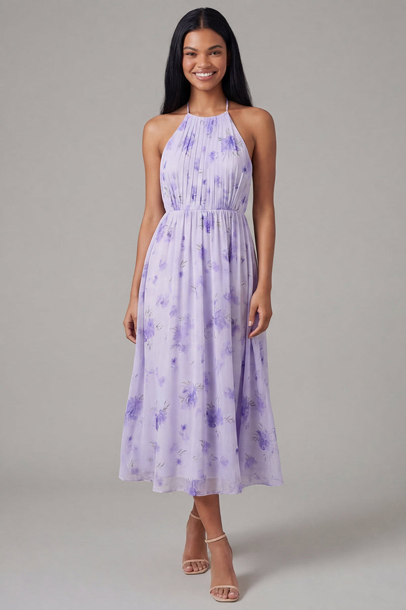 Laden Sie das Bild in den Galerie-Viewer, Flieder Chiffon Neckholder Gerafftes Scheide Blumen Midi-Kleid mit Schleife