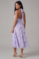 Laden Sie das Bild in den Galerie-Viewer, Flieder Chiffon Neckholder Gerafftes Scheide Blumen Midi-Kleid mit Schleife