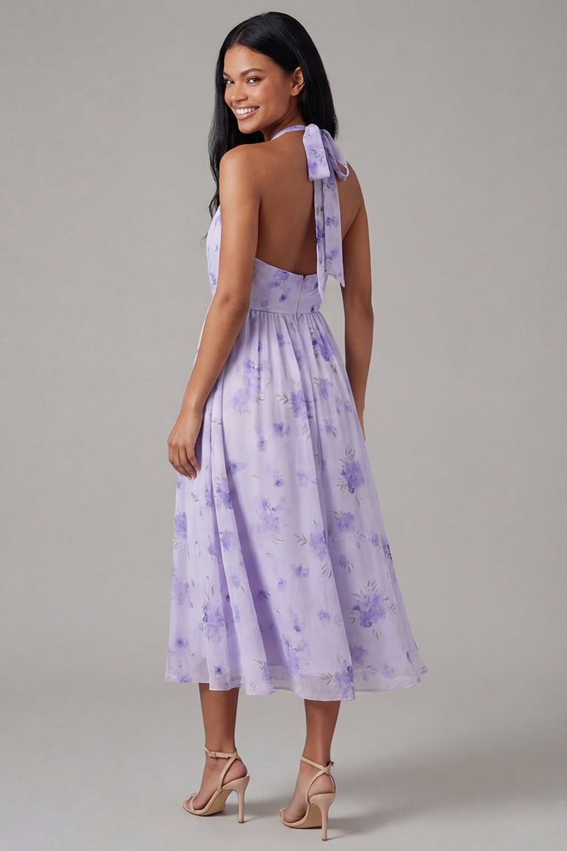 Laden Sie das Bild in den Galerie-Viewer, Flieder Chiffon Neckholder Gerafftes Scheide Blumen Midi-Kleid mit Schleife