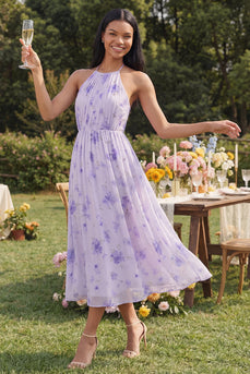 Flieder Chiffon Neckholder Gerafftes Scheide Blumen Midi-Kleid mit Schleife