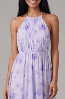 Laden Sie das Bild in den Galerie-Viewer, Flieder Chiffon Neckholder Gerafftes Scheide Blumen Midi-Kleid mit Schleife