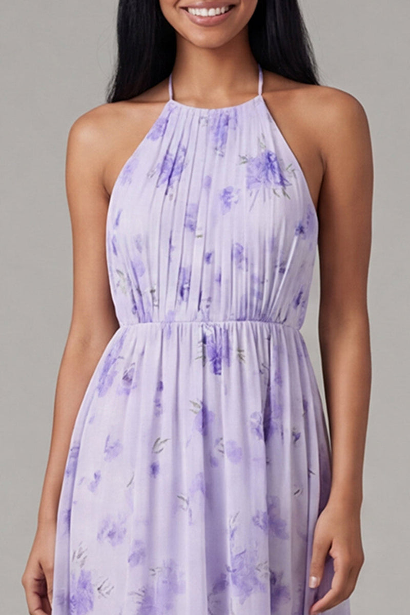 Laden Sie das Bild in den Galerie-Viewer, Flieder Chiffon Neckholder Gerafftes Scheide Blumen Midi-Kleid mit Schleife