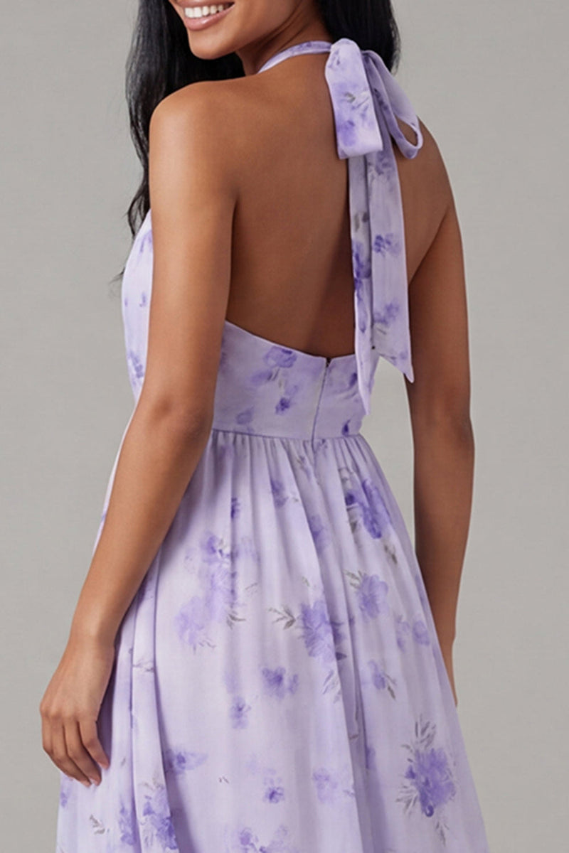 Laden Sie das Bild in den Galerie-Viewer, Flieder Chiffon Neckholder Gerafftes Scheide Blumen Midi-Kleid mit Schleife