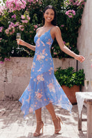 Laden Sie das Bild in den Galerie-Viewer, Blaues Asymmetrisches Scheide Chiffon Kleid mit Muster