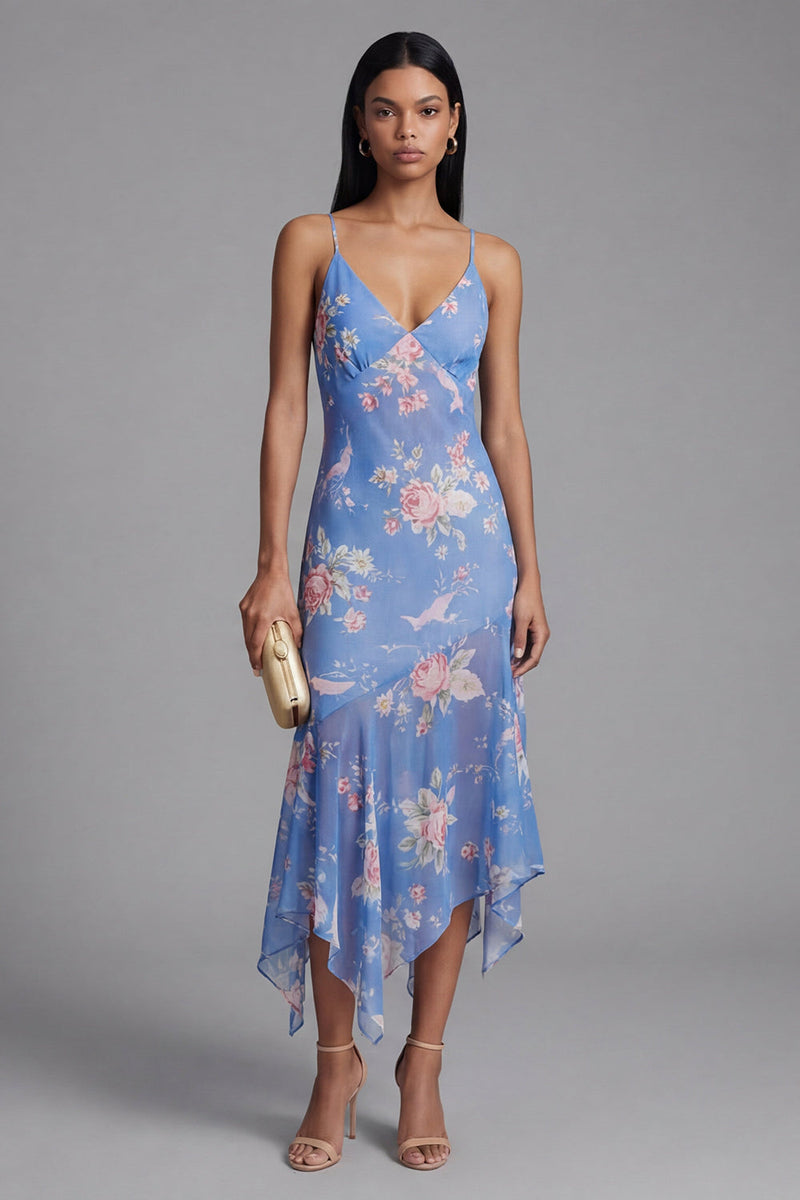 Laden Sie das Bild in den Galerie-Viewer, Blaues Asymmetrisches Scheide Chiffon Kleid mit Muster