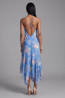 Laden Sie das Bild in den Galerie-Viewer, Blaues Asymmetrisches Scheide Chiffon Kleid mit Muster