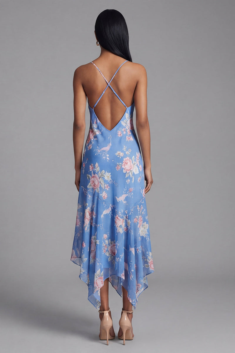 Laden Sie das Bild in den Galerie-Viewer, Blaues Asymmetrisches Scheide Chiffon Kleid mit Muster