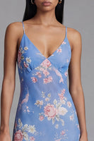 Laden Sie das Bild in den Galerie-Viewer, Blaues Asymmetrisches Scheide Chiffon Kleid mit Muster