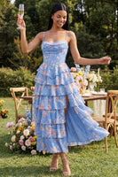 Laden Sie das Bild in den Galerie-Viewer, Blaues Sheath Korsett Gestuftes Chiffon Midi-Kleid mit Blumenmuster und Schlitz