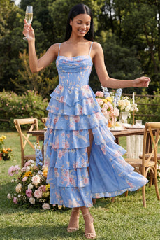 Blaues Sheath Korsett Gestuftes Chiffon Midi-Kleid mit Blumenmuster und Schlitz