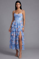 Laden Sie das Bild in den Galerie-Viewer, Blaues Sheath Korsett Gestuftes Chiffon Midi-Kleid mit Blumenmuster und Schlitz