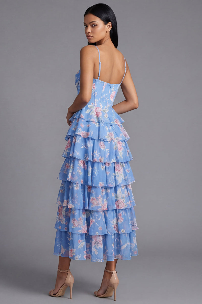 Laden Sie das Bild in den Galerie-Viewer, Blaues Sheath Korsett Gestuftes Chiffon Midi-Kleid mit Blumenmuster und Schlitz