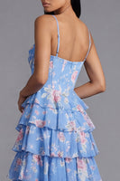 Laden Sie das Bild in den Galerie-Viewer, Blaues Sheath Korsett Gestuftes Chiffon Midi-Kleid mit Blumenmuster und Schlitz