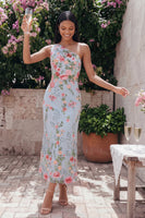 Laden Sie das Bild in den Galerie-Viewer, Blaues Rosa Blumen Tüll Einschulter Scheide Floral Midi-Kleid