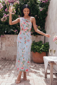 Blaues Rosa Blumen Tüll Einschulter Scheide Floral Midi-Kleid