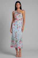 Laden Sie das Bild in den Galerie-Viewer, Blaues Rosa Blumen Tüll Einschulter Scheide Floral Midi-Kleid