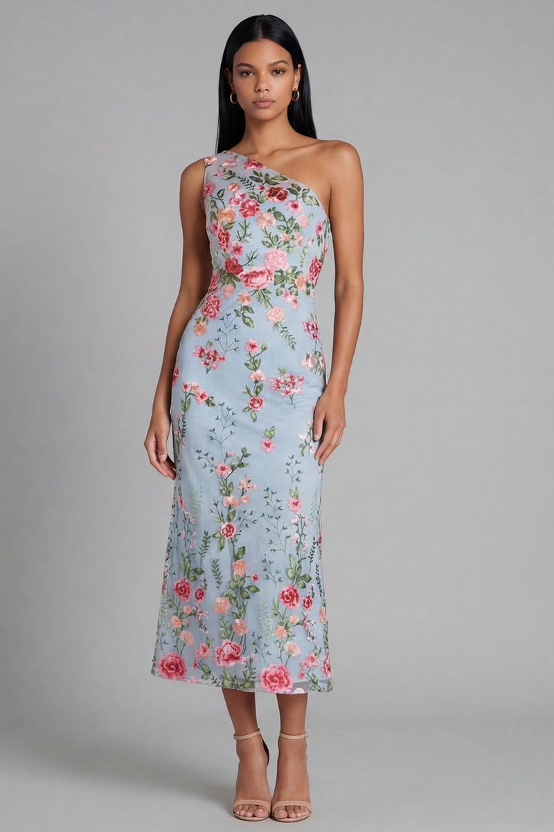 Laden Sie das Bild in den Galerie-Viewer, Blaues Rosa Blumen Tüll Einschulter Scheide Floral Midi-Kleid
