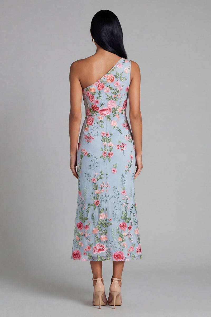 Laden Sie das Bild in den Galerie-Viewer, Blaues Rosa Blumen Tüll Einschulter Scheide Floral Midi-Kleid