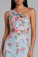 Laden Sie das Bild in den Galerie-Viewer, Blaues Rosa Blumen Tüll Einschulter Scheide Floral Midi-Kleid