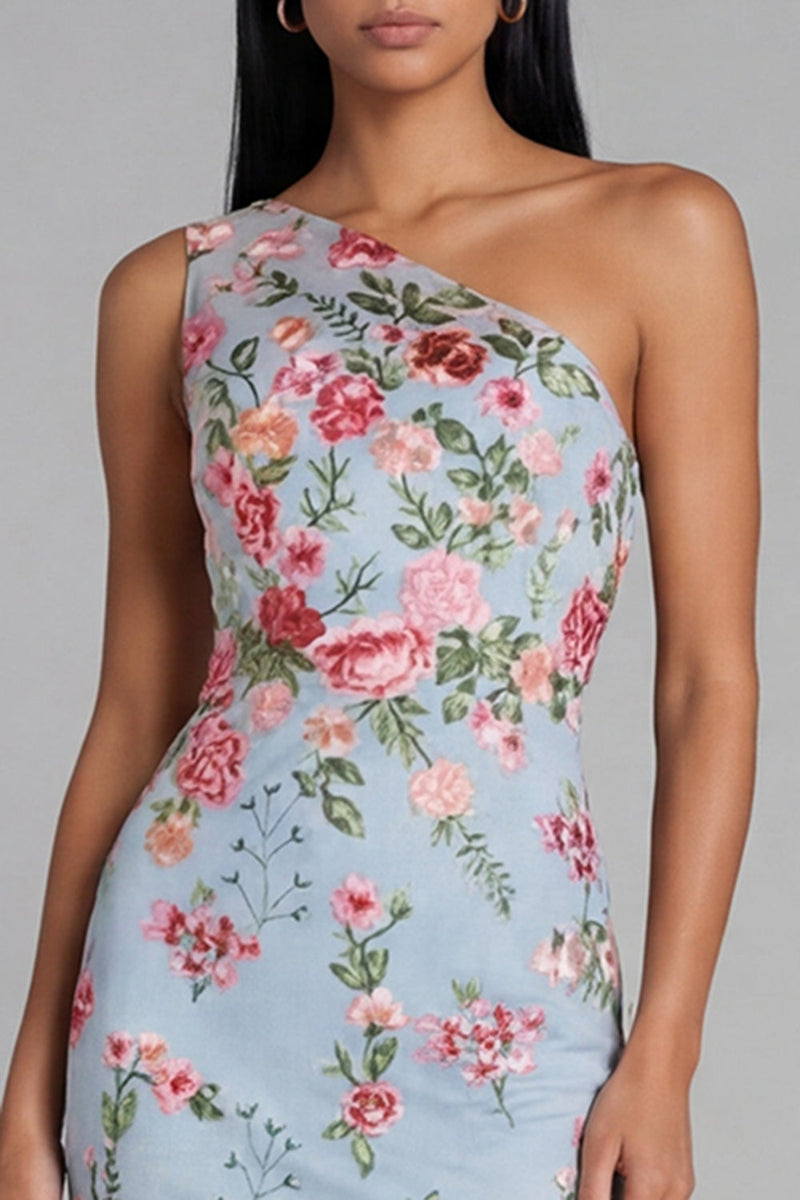 Laden Sie das Bild in den Galerie-Viewer, Blaues Rosa Blumen Tüll Einschulter Scheide Floral Midi-Kleid